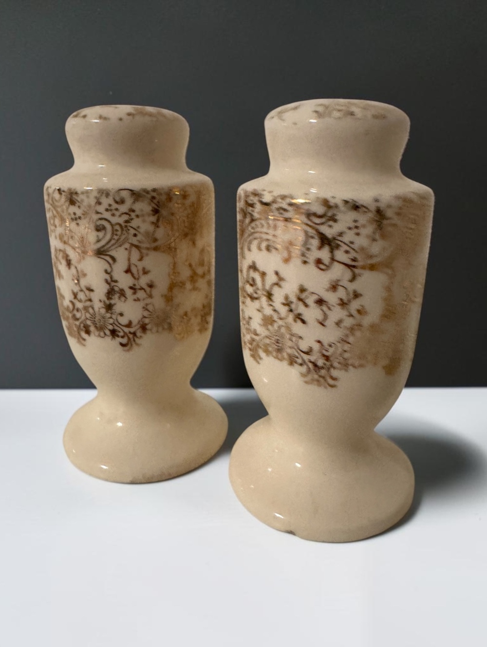 Vintage Ceramic Salt and Pepper Shakers with Brown Floral Transferware Pattern